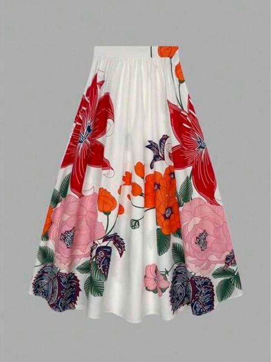 Spring And Summer New Artistic Floral Print Skirt, Light Purple Satin High-Waist - Picture 2 of 4